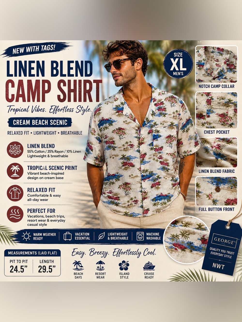 Men's XL Linen Blend Tropical Hawaiian Camp Shirt Beach Vacation Resort NWT - Picture 2 of 16